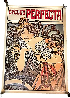 Vintage 1980 Classic Cycling Poster - Alphonse Mucha  Cycles Perfecta  - 23x32 • $30