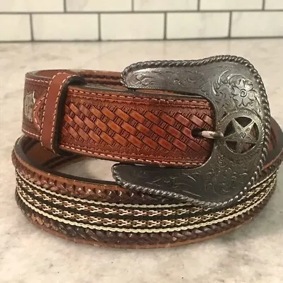 Vintage Larry Mahan Braided Belt Mens 36 Brown Silver Star Buckle Cowboy Rodeo • $18.99