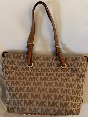 MICHAEL KORS By MICHAEL KORS Women's Beige/ Mocha/Gold MK Jacquard Grab Bag Tote • $49.95