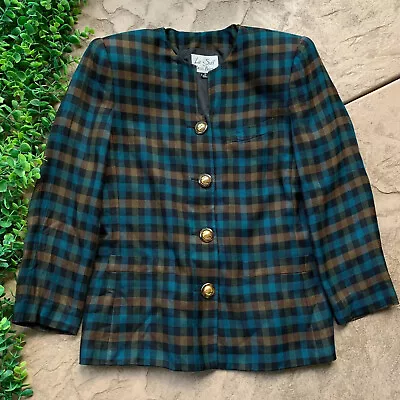 Vtg Le Suit Dress Barn Plaid Gingham Buttoned Blazer Jacket Blue Brown Size 10 • $19.99