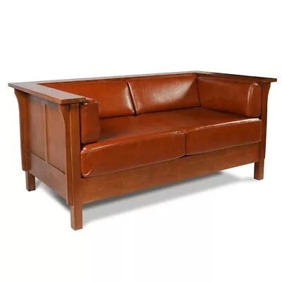 Arts And Crafts / Craftsman Cubic Panel Side Love Seat - Russet Brown Leather • $2450