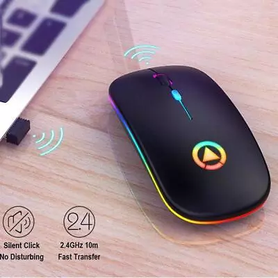 Wireless Mouse 7 Color Silent Mice USB Rechargeable 4 Buttons For PC Laptop • £9.52