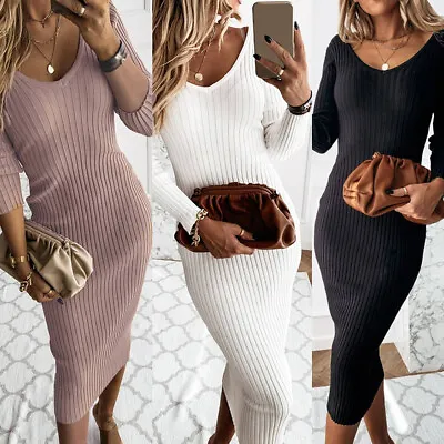 $11.99 • Buy Womens Long Sleeve Slim Fit V-neck Dress Ladies Ribbed Party Bodycon Dresses US