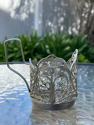 Vintage Soviet USSR Russian Glass Tea Cup Holder Filigree . • $16.99