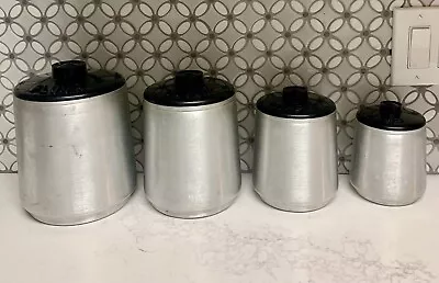 Vintage Aluminum Kromex Nesting Canister Set Flour Sugar Coffee Tea Black Lids • $34.95