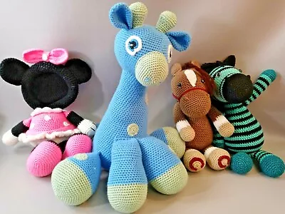 L👀K  Lot 4 Amigurumi Crochet Stuffed Animals Zebra Horse Giraffe Minnie Mouse • $99