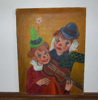 Vintage Oil Painting After Comical Child Clowns Violin By Sylvia Zalinger 1974 • $35