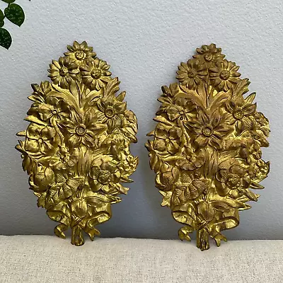 Two (2) Vintage Gold Tone Metal Floral Wall Plaques Decor Repousse Raised 16.5  • $75