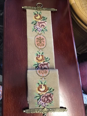 £40 • Buy Vintage Needlepoint Tapestry Bell Pull Panel Brass Handle Blue Floral Flowers