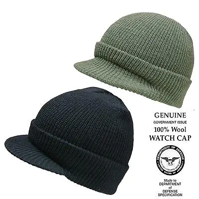Army Watch Cap US Army Military Peaked Wool Jeep Hat Fishing Beanie Black Olive • £13.99