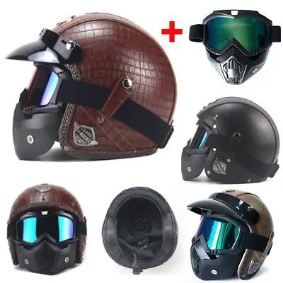 Leather Motocycle Helmet Half Face Motorcross Street Bike Scooter Helmet+Mask • $65.99