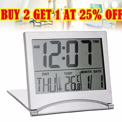 £4.63 • Buy Silver Digital LCD Desk Top Calendar Temperature Alarm Clock Travel Snooze Clock