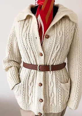 Size 12/14 Vintage Ecru Hand Knitted Traditional Aran Cable Collar Cardigan • £25.99