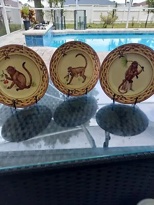3 American Atelier Porcelain MONKEY 8   Cake Plates Holding Palm Leaf • $24.99