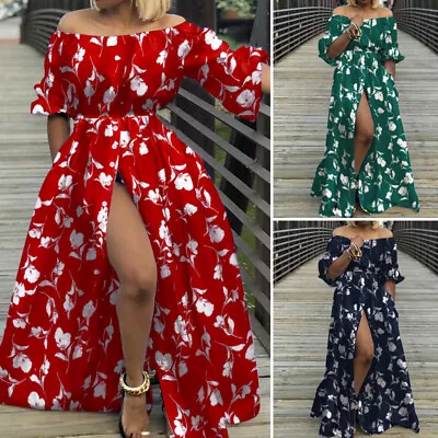 £15.29 • Buy Womens Sexy Floral Off Shoulder Sundress Holiday Beach Party Split Maxi Dress UK