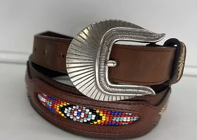 Vintage Beaded Belt Leather Western 1991 Colorful Southwest Western Boho Size 30 • $19.99