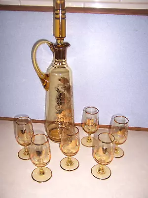 Vintage 7 Pcs Amber Bohemia Glass Port/Liqueur Decanter  Set- 1960/70s - As New. • $65