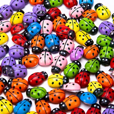 100 X Mixed Ladybird Mini 9x12mm Self Adhesive Wooden Ladybugs Craft Card Wood • £4.38