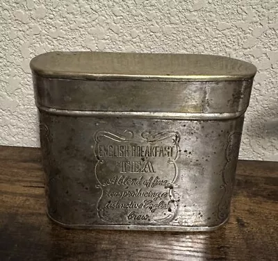 Vintage Silverplate Tin English-Breakfast Tea Oval 4.75” Tarnished Distressed • $22.88
