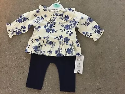 BNWT George Asda Baby Girls Blue Floral Frill Top And Leggings Outfit • £4.99