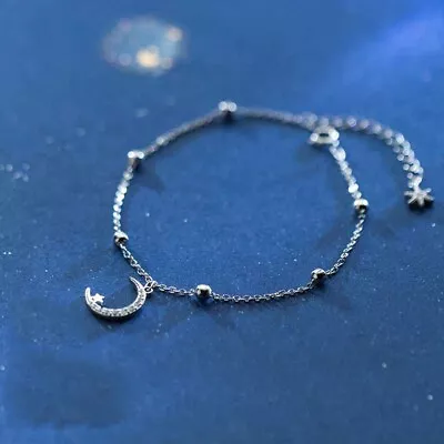 925 Silver Crescent Moon & Star Beaded Charm Diamonds Bracelet Friends Girl Gift • $71.40