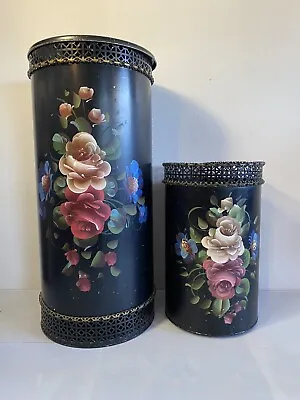 Vintage Hand Painted Black Floral Metal Laundry Hamper With Matching Trash Can • $129.99
