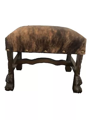 Vintage Carved Legs Horse Hair Upholstered Foot Stool With Nail Heads. • $179