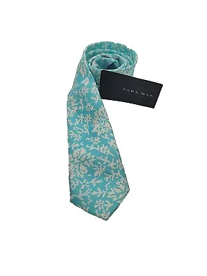 Zara Man Tie Sky Blue And White Floral  Skinny Necktie 60  X 2.5  Linen Silk NEW • $18.99