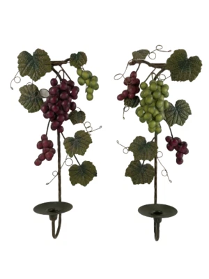 £34.81 • Buy Set Of 2 Metal Grape Clusters On Vine Wall Sconces Taper Candles Green Tuscan