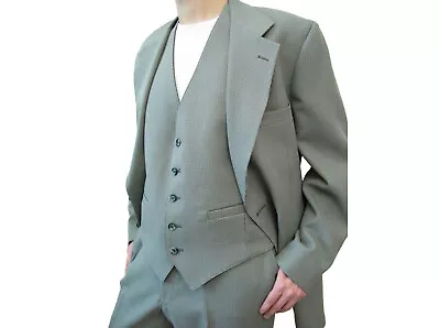 Vintage 3 Piece Suit 41L 37x32 70s Blazer Vest Pants Gray Green Disco Costume • $145