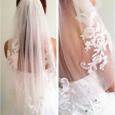 Bridal Veil1T Wedding Veils White Lace Edge Wedding Accessories With Beads • $9.39