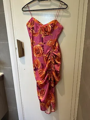 £15 • Buy ASOS Design Pink Orange Floral Silky Strappy Asymmetric Rutched Dress Size 10