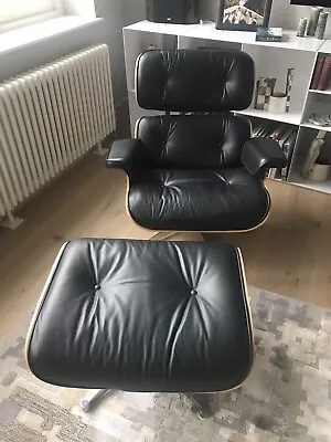 Eames Style Lounge Chair And Ottoman Black Leather And Walnut Veneer • £675