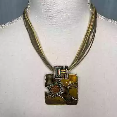 Vintage Enamel Brass Abstract Geometric Slide Pendant MultiStrand Cord Necklace  • $28