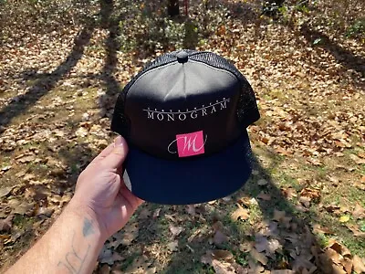 Certainteed Monogram Snapback Hat VTG Trucker Cap Black White Pink USA Made Mens • $17.38