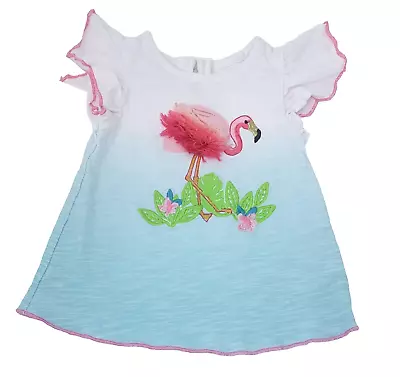 Mud Pie Baby Girls 3-6 Months Blue Ombre Flamingo Embellished Appliqué Top • $11.99