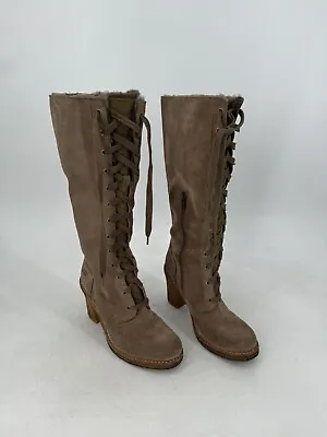 UGG Camille Tan Leather Lace Up High Heel Boots Sheepskin Lined Sz 8 • $46.75