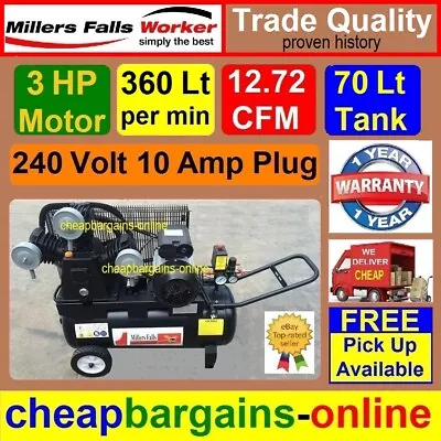 AIR COMPRESSOR 70Lt Tank 3 Cylinder 12.7 Cfm 360Lp/m PORTABLE 240 Volt 3hp Motor • $885.99