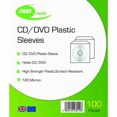 £7.29 • Buy 100 X CD DVD Sleeves Plastic Wallets 120 Micron High Quality NEO MEDIA