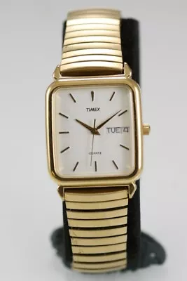 Timex Watch Men Gold Stainless Steel Stretch Water Resist Battery White Quartz • $24.95
