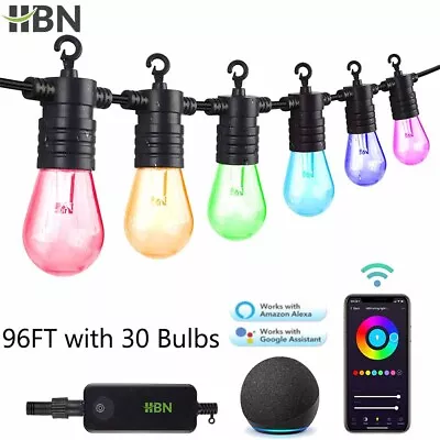 HBN 96FT Outdoor Patio Lights Smart LED RGBW String Lights 30 Bulbs Waterproof • $79.37