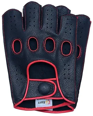 Riparo Mens Leather Reverse Stitched Fingerless Half-Finger Gloves - Black/Red • $41.97