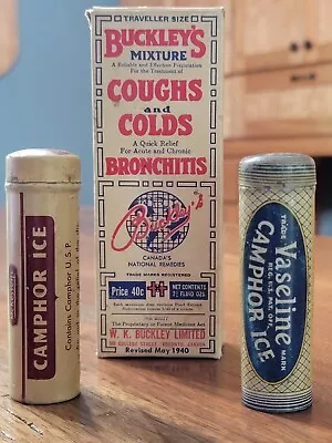 Vintage Medicine Tins VASELINE Camphor Ice McKessons Camphor Ice &Buckleys Box • $23