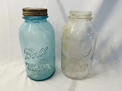 BALL Perfect Mason Jar Jars LOT Of 2 With Lid #8 #12 Blue Clear • $49.95