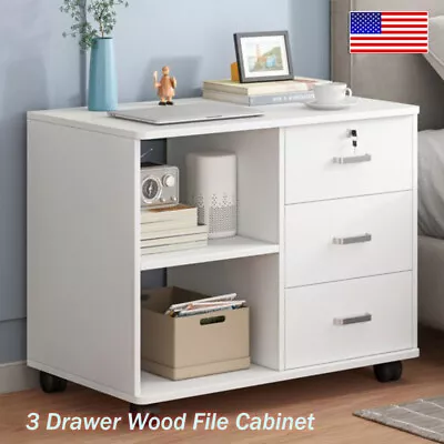 3 Drawer Wood File Cabinet Lockable Printer Stand Rolling Open Organizer Storage • $29.95