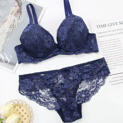 UK Sexy Embroidery Floral Lace Padded Push Up Plunge Bra Set Lingerie Underwear • £10.98