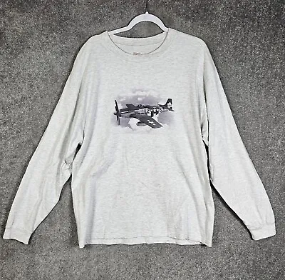 Hanes Beefy-T Long Sleeve P-51 Mustang Airplane T-Shirt Mens Size XL 46-48 Gray • $24.99