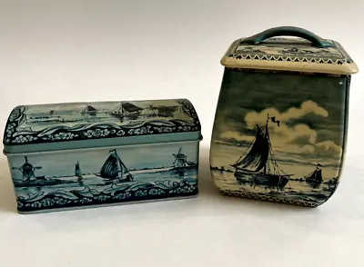 Vintage Biscuit Cookie Tea Tin Made In Germany Windmill Boats Blue SET OF 2 • $27