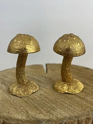 Vintage Metal  Golden Mushroom Salt And Pepper Shakers MCM Kitsch • $25