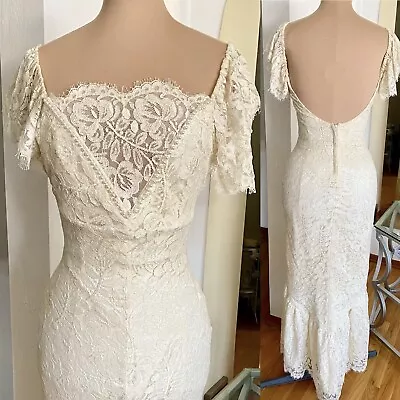 Vintage Lace V Neck Sheath Wedding Dress *Size 8* ROBERTA Ivory Pearl Embellishe • $462.53